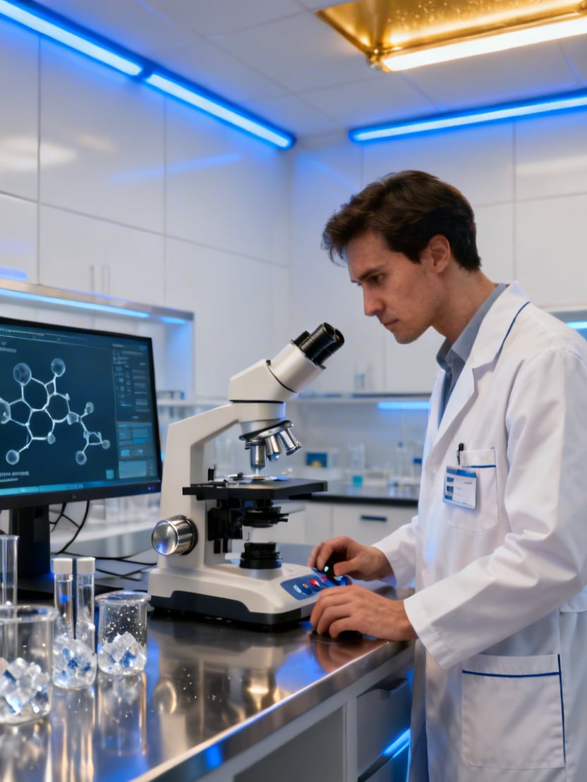 Researcher examining peptide compounds in a modern pharmaceutical laboratory